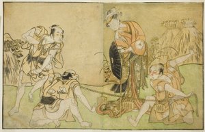 De acteurs Bando Zenji I als Nagahashi Saburo, Iwai Hanshiro IV als Otatsu-gitsune, Nakamura Konozo als Hagai Ujitsune, en een niet-geïdentificeerde acteur (van rechts naar links), in het stuk Nue no Mori Ichiyo no Mato, uitgevoerd in het Nakamura Theater  door Katsukawa Shunsho