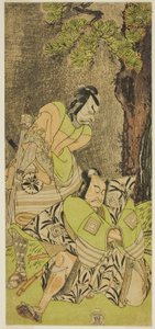 De acteurs Ichikawa Danzo III als I no Hayata Tadazumi (rechts), en Matsumoto Koshiro II als Osada no Taro Kagemune (links), in het stuk Nue no Mori Ichiyo no Mato, uitgevoerd in het Nakamura Theater in de elfde maand, 1770