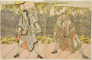 De acteurs Ichikawa Danzo IV als Arakawa Taro Takesada vermomd als de draagstoeldrager Tarobei (rechts), en Ichikawa Danjuro V als Abe no Sadato vermomd als de pelgrim Kuriyagawa Jirodayu (links), in het toneelstuk Godai Genji Mitsugi no Furisode, uitgevoe door Katsukawa Shunsho