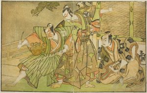 De Acteurs Ichikawa Komazo II als Minamoto no Yorimasa (rechts), Matsumoto Koshiro II als Osada no Taro Kagemune Vermomd als Yatsurugi Zaemon (midden), en Ichikawa Danzo III als I no Hayata Tadazumi (links), in het Toneelstuk Nue no Mori Ichiyo no Mato, Op