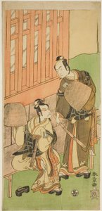 De acteurs Ichikawa Komazo II als Soga no Juro Sukenari (rechts), en Ichikawa Danjuro V als Soga no Goro Tokimune (links), in Komuso-kledij, in het stuk Sakaicho Soga Nendaiki, uitgevoerd in het Nakamura Theater in de eerste maand, 1771 door Katsukawa Shunsho