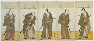 De acteurs Ichikawa Monnosuke II als Karigane Bunshichi, Bando Mitsugoro I als An no Heibei, Ichikawa Danjuro V als Gokuin Sen