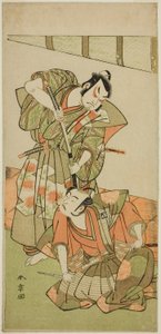 De acteurs Ichikawa Yaozo II als Konoshita Hyokichi en Sakata Hangoro II als Matsunaga Daizen Hisahide, in het toneelstuk Gion Sairei Shinko Ki, uitgevoerd in het Ichimura Theater in de vijfde maand, 1775
