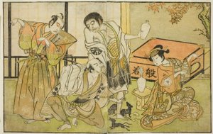 De Acteurs Iwai Hanshiro IV als Otatsu-gitsune, Nakamura Nakazo I als Raigo Ajari, Sakata Tojuro III als Kamada Gon-no-kami Masayori, en Ichikawa Yaozo II als Sakon-gitsune (van rechts naar links), in het stuk "Nue no Mori Ichiyo no Mato," opgevoerd in het door Katsukawa Shunsho