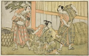 De Acteurs Kasaya Matakuro II als Hagun Taro (rechts), Ichikawa Monnosuke II als Izutsu no Suke Narihira (midden), en Nakamura Nakazo I als Kose no Kanaoka Vermomd als Sogoro de Houtskoolmaker, in het Toneelstuk Kuni no Hana Ono no Itsumoji, Opgevoerd in d