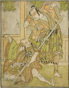 De acteurs Kasaya Matakuro II als Nobuyori vermomd als de Yakko Gunnai (rechts), en Miyazaki Hachizo als de lekenmonnik Hambyo Nyudo (links), in het stuk Nue no Mori Ichiyo no Mato, uitgevoerd in het Nakamura Theater in de elfde maand, 1770