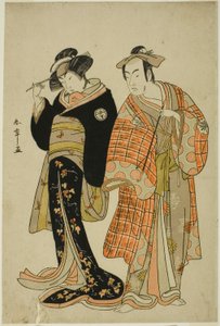 De acteurs Matsumoto Koshiro IV en Segawa Kikunojo III als de geliefden Choemon (rechts) en Ohan (links), in de ontsnappingsscène 