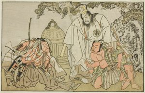 De Acteurs Nakajima Mihoemon II als Aramaki Mimishiro (rechts), Matsumoto Koshiro II als Otomo no Yamanushi (midden), en Ichikawa Danzo III als Hannya no Goro (links), in het Toneelstuk Kuni no Hana Ono no Itsumoji, Opgevoerd in het Nakamura Theater in de 