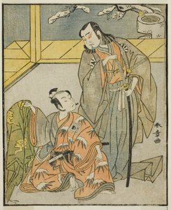De acteurs Nakamura Denkuro II als Suma no Dairyo (rechts), en Ichikawa Komazo II als Ariwara no Yukihira (links), in het stuk Kuni no Hana Ono no Itsumoji, uitgevoerd in het Nakamura Theater in de elfde maand, 1771 door Katsukawa Shunsho
