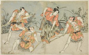 De acteurs Nakamura Kashiwagi als een Wakashu (tweede van rechts), en drie niet-geïdentificeerde acteurs als Yakko