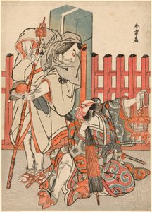 De acteurs Nakamura Nakazo I als Chinzei Hachiro Tametomo vermomd als pelgrim (links), en Ichikawa Danjuro V als Kazusa no Gorobei Tadamitsu (rechts), in de "Stille ontmoeting" scène (Dammari) van het einde van deel één van het toneelstuk Kitekaeru Nishiki