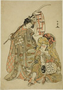 De acteurs Nakamura Nakazo I als Onmaya Kisanda verkleed als Kakubei de leeuwendanser (rechts) en Segawa Kikunojo III als Shizuka Gozen (links), in de danssequentie "Myoto-zake Kawaranu Nakanaka" (Eeuwige harmonie van de huwelijksbeker) door Katsukawa Shunsho
