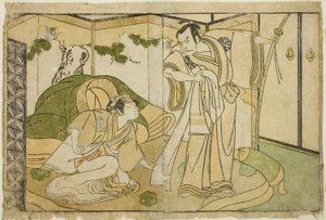 De acteurs Nakamura Nakazo I als Taira no Kiyomori (rechts), en Yamashita Kinsaku II als Tokiwa Gozen (links), in het stuk Nue no Mori Ichiyo no Mato, uitgevoerd in het Nakamura Theater in de elfde maand, 1770 door Katsukawa Shunsho