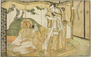 De acteurs Nakamura Nakazo I als Taira no Kiyomori (rechts), en Yamashita Kinsaku II als Tokiwa Gozen (links), in het stuk Nue no Mori Ichiyo no Mato, uitgevoerd in het Nakamura Theater in de elfde maand, 1770 door Katsukawa Shunsho