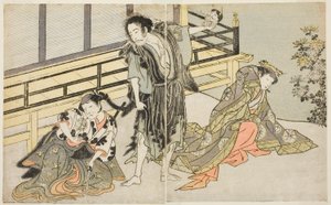 De Acteurs Nakamura Noshio I als Nyosan no Miya (rechts), Ichikawa Danjuro V als de Afvallige Monnik Yochin (midden), en Yamashita Kinsaku II als de Dienstmeid Mutsuhana (links), in het stuk Fuki Kaete Tsuki mo Yoshiwara, opgevoerd in het Morita Theater in