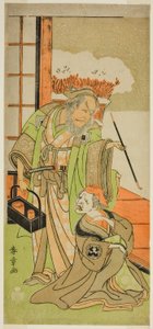 De acteurs Nakamura Utaemon I als Karashi Baba (rechts), en Ichikawa Danjuro IV als Sanshodayu (links), in het stuk Kawaranu Hanasakae Hachi no Ki, uitgevoerd in het Nakamura Theater in de elfde maand, 1769 door Katsukawa Shunsho