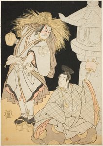 De Acteurs Nakayama Kojuro VI als Osada Taro Kagemune (in werkelijkheid Hatcho Tsubute no Kiheiji) als Lampaansteker van het Gion-heiligdom (links), en Sawamura Sojuro III als Komatsu no Shigemori (rechts), in Acte Drie van Deel Een van het Toneelstuk Yuki door Katsukawa Shunsho