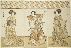 De acteurs Onoe Tamizo I als Nishikigi (?) of Otae (?), Ichikawa Danjuro V als Miura Heidayu Kunitae (?) en Osagawa Tsuneyo II als Oyuki (?), in het stuk Date Nishiki Tsui no Yumitori (?), uitgevoerd in het Morita Theater (?)
