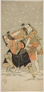 De Acteurs Otani Hiroji III als Kameo (rechts), en Sakata Sajuro I als Ario (links), in het stuk Hime Komatsu Ne no Hi Asobi, uitgevoerd in het Ichimura Theater in de negende maand, 1768 door Katsukawa Shunsho