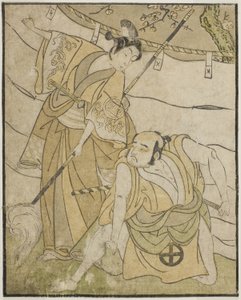 De acteurs Otani Tomoemon I als Emohei (rechts), en Sanogawa Ichimatsu II als Sanada Yoichi (links), in het stuk Myoto-giku Izu no Kisewata, uitgevoerd in het Ichimura Theater in de elfde maand, 1770