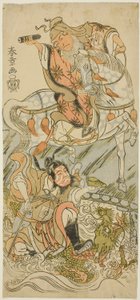 De Acteurs Sawamura Sojuro II als de Chinese Wijze Huangshi Gong (te paard), en Ichikawa Danzo III als de Chinese Krijger Zhang Liang (op een draak), in de Finale van het Toneelstuk Otokoyama Yunzei Kurabe (Op Mt. Otoko, een Krachtproef in Tekening) door Katsukawa Shunsho