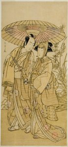 De Acteurs Segawa Kikunojo III (rechts) als Ochiyo, en Bando Mitsugoro I (links) als de Groenteboer Hambei, in het Toneelstuk Kabuki no Hana Bandai Soga, Opgevoerd in het Ichimura Theater in de Vierde Maand, 1781 door Katsukawa Shunsho