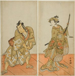 De acteurs Segawa Kikunojo III als Aigo no Waka (rechts), en Ichikawa Yaozo II als Hachio-maru Aratora (links), in het stuk Chigo Sakura Jusan Kane, uitgevoerd in het Ichimura Theater in de elfde maand, 1774