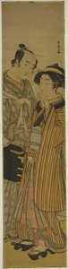 De acteurs Segawa Kikunojo III als Okoma (rechts), en Arashi Sangoro III als de kapper Obana Saizaburo (links), in het stuk Koi Musume Mukashi Hachijo, uitgevoerd in het Nakamura Theater in de derde maand, 1776