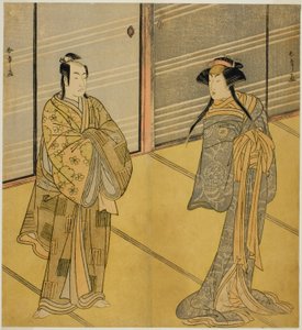 De Acteurs Segawa Kikunojo III als de Geest van Joro-gumo (Hoer Spin) Vermomd als de Maiko Tsumagiku (rechts), en Ichikawa Monnosuke II als Urabe no Suetake (links), in het Toneelstuk Shitenno Tonoi no Kisewata, Opgevoerd in het Nakamura Theater in de Elfd