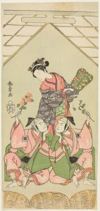 De acteurs Segawa Kikunojo II als de voedster Reizei, Ichikawa Komazo I als Suruga no Hachiro vermomd als shamisen-speler Kichiroku (rechts), en Ichikawa Yaozo II als Tada no Kurando vermomd als draagstoel-drager Kichinai (links), in de scène