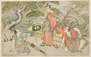 De Acteurs Tomizawa Hanzaburo II als Nagoya Sanzaemon (vaak Sanza genoemd) (rechts), Nakamura Juzo II als Fuwa Banzaemon (midden), en een Ongeïdentificeerde Acteur als de Zakkenroller Matsumoto Daishichi (links), in het Toneelstuk Fuki Kaete Tsuki mo Yoshi