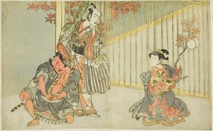 De acteurs Yamashita Kinsaku II als Mutsuhana (rechts), Bando Mitsugoro I als Kashiwagi no Emon (midden), en Nakamura Sukegoro II als Akamatsu Mushanosuke (links), in het stuk Fuki Kaete Tsuki mo Yoshiwara door Katsukawa Shunsho