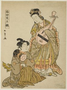 De Godin Benten met een Biwa en een Jonge Man met een Schoudertrommel, uit de serie "Vergelijking van de Glimlachen van de Geluksgoden (Fukujin egao kurabe)" door Katsukawa Shunsho