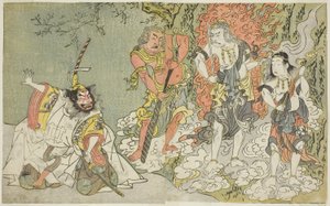 Het stuk Fuki Kaete Tsuki mo Yoshiwara (Herbedakt Dak: De Maan schijnt ook over het Yoshiwara Plezierdistrict), uitgevoerd in het Morita Theater in de elfde maand, c.1771-72 door Katsukawa Shunsho