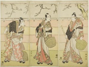 Drie Komuso Monniken: De Acteurs Ichikawa Ebizo (Danjuro V) als Kudo Suketsune (rechts), Ichikawa Monnosuke II als Soga no Juro Sukenari (midden), en Ichikawa Omezo I als Soga no Goro Tokimune (links), in Act Zes van het Toneelstuk Waka Murasaki Edokko Sog door Katsukawa Shunsho