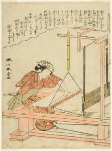 Zijde Weven, plaat 11 uit de serie "Zijdeworm Cultivatie" door Katsukawa Shunsho