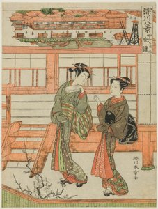 Yagurashita no Bansho (Avondklok bij Yagurashita), courtisane en haar bediende in het Yagurashita onvergunde plezierdistrict in Fukagawa, uit de serie "Fukagawa Hakkei (Acht Zichten van Fukagawa)" door Katsukawa Shunsho