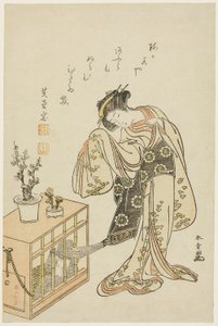 Jonge Vrouw met een Aap in een Kooi (Kalenderafbeelding voor Nieuwjaar 1776) door Katsukawa Shunsho