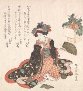 Courtisane en Nieuwjaarsdecoratie, ca. 1816 door Katsukawa Shuntei