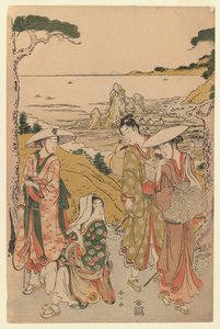 Een gezelschap pelgrims uit Yedo buiten een theehuis op de heuvels achter het strand van Futami bewondert het uitzicht, 1795 door Katsukawa Shunzan