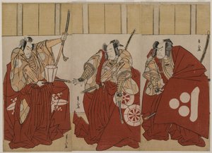 Ichikawa Monnosuke II als Urabe Suetake, Onoe Matsusuke I als Usui Sadamitsu, en Nakamura Nakazo I als Watanabe no Tsuna in De Vier Hemelse Koningen Gekostumeerd als de Nachtwacht door Katsukawa Shunzan