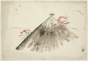 Afgedankte waaier tussen anjers door Katsushika (school of) Hokusai
