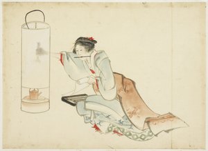 Dame die een Lamp Aanpast door Katsushika (school of) Hokusai