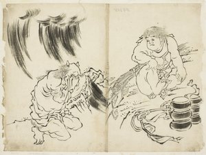 Personificatie van Storm met Kintaro en Huilende Oni door Katsushika (school of) Hokusai