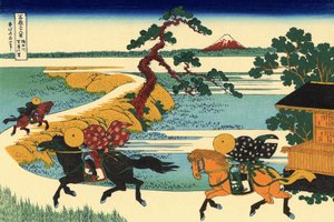 36 uitzichten op de berg Fuji, Japan: uitzicht op het dorp Sekiya aan de rivier Sumida, Japan