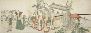 Een Groep Jonge Vrouwen die de Tuin van een Tuinier Binnenkomen door Katsushika Hokusai