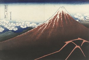 Een onweersbui onder de top door Katsushika Hokusai