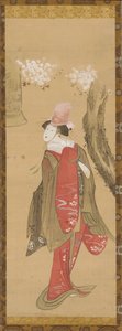 Een danser, Kiyohime, een kersenboom en de bel van Dojo-ji door Katsushika Hokusai
