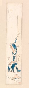 Kunstenaar die op de rug van een man staat en op een zuil schrijft, ca.1820 (kleur houtsnede)