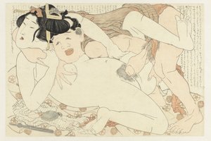 Badhuis bediende en naakte vrouw door Katsushika Hokusai